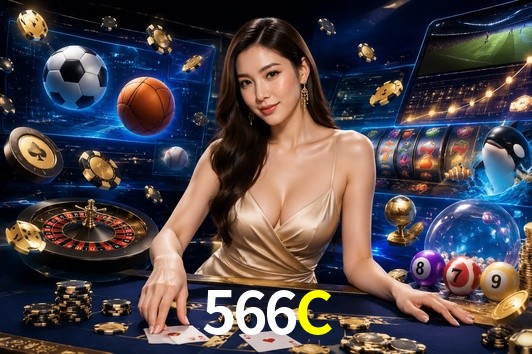 Una escena digital vívida inspirada en casino con 566C mostrado prominentemente, luces brillantes, fichas, cartas y acentos dorados.